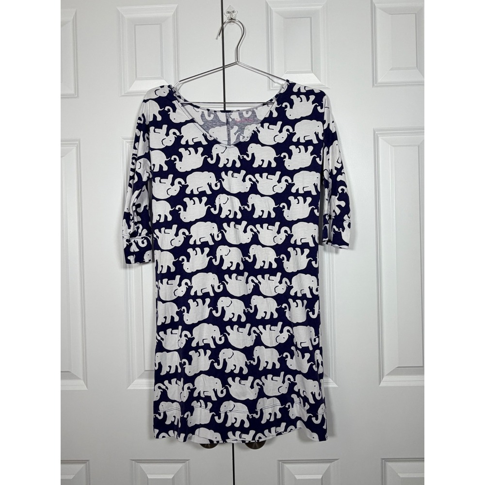Lilly Pulitzer Navy White Elephant Pima Cotton V-Neck 3/4 Sleeve‎ Dress XS